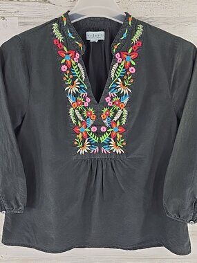 Velvet by Graham & Spencer Embroidered Boho Peasant Top Black Cotton Silk S